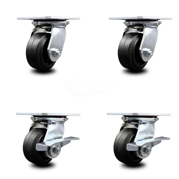 4 Inch Rubber on Steel Swivel Caster Set with Roller Bearings 2 Brakes SCC